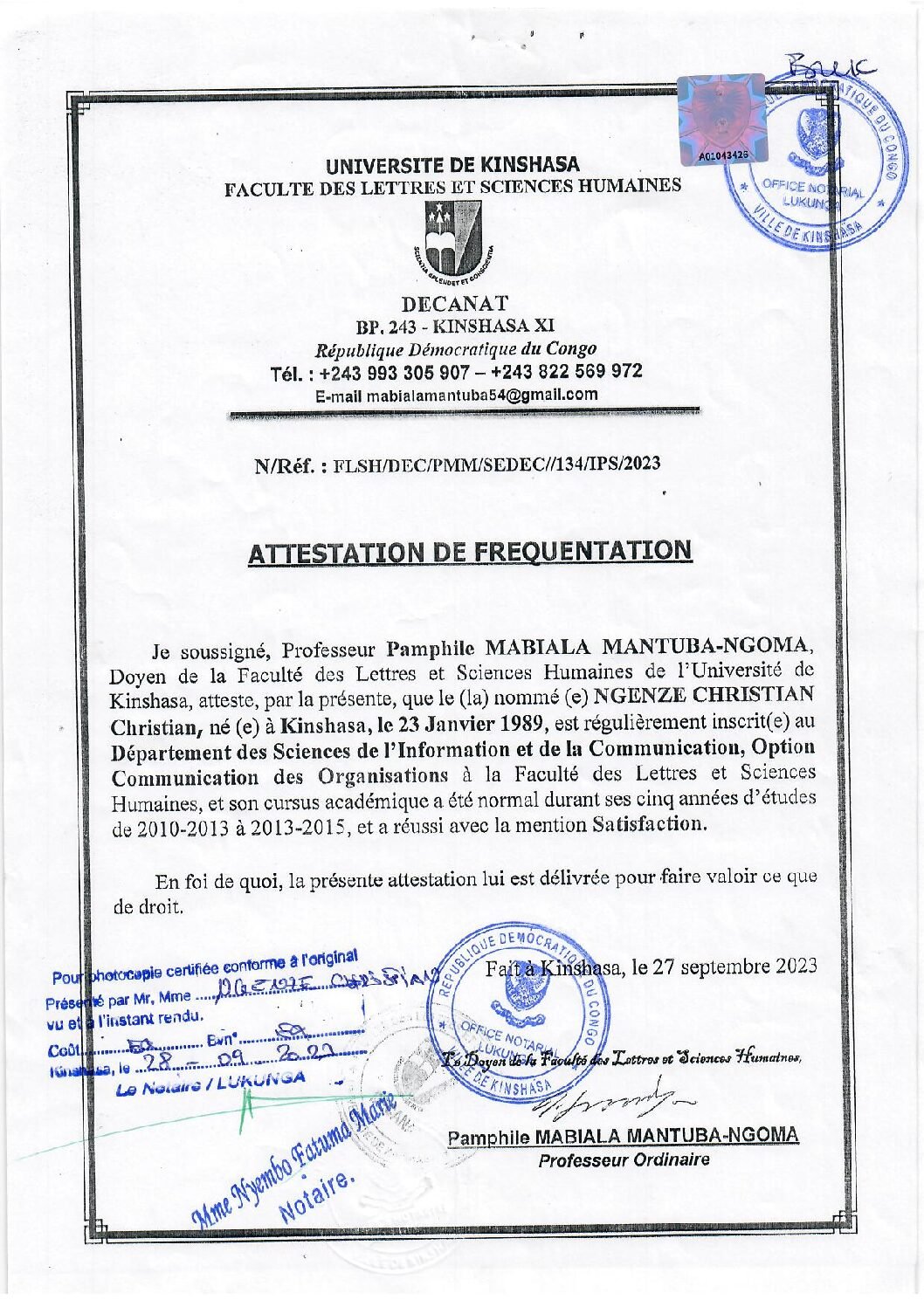 Attestation de fréquentation légalisée